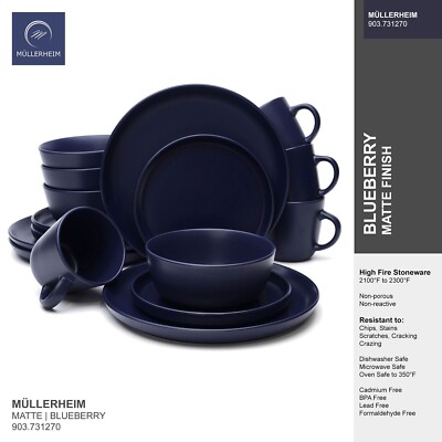 MÜLLERHEIM 903 16-Piece Ceramic Stoneware Dinnerware Set for 4, Matte Dark Blue