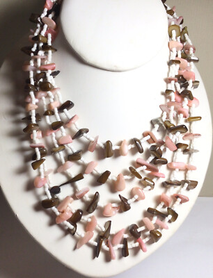 PRETTY RETRO 5-STRAND PINK SHELL & BROWN STONES W/SEED BEADS 16  NECKLACE JAPAN