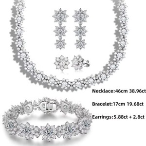 Authentic D VVS1 Moissanite Wedding Set Cluster Necklace Bracelet 18K White Gold Plated