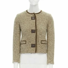 ISABEL MARANT Kios brown virgin wool boucle suede trimmed twist lock jacket FR36