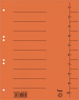Bene 97300 Dividers A4 Solid Coloured Pack of 100 Orange