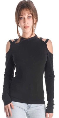 Outer Vision Langarmshirt Damen Woman's Top Bulma Solid Black schwarz