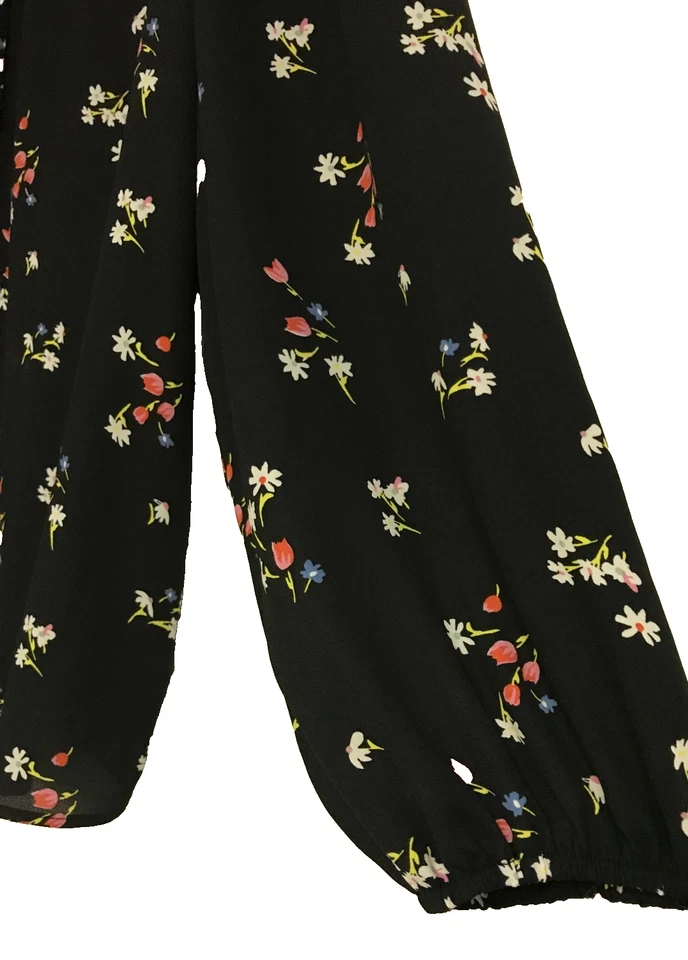 Blusa para mujer LOFT 2XL negra floral con volantes cuello manga larga globo pulóver Foto 4 de 4