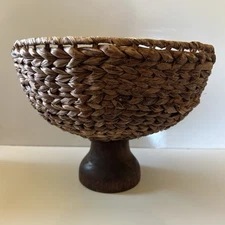 Woven Pedestal Round Rattan Basket On a Foot Fruit Boho Centerpiece
