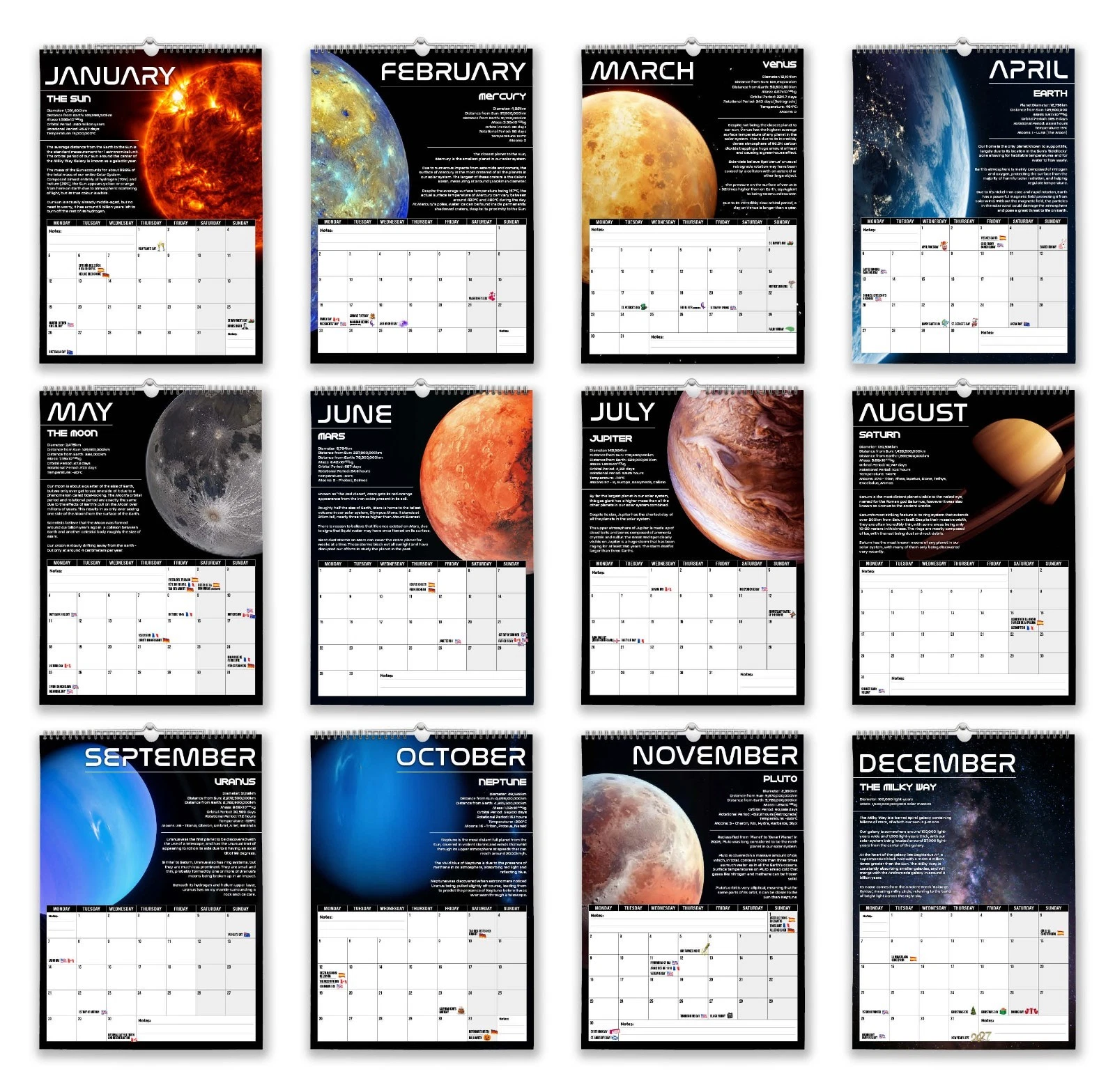 2026 Space Solar System Vertical Wall Calendar Educational