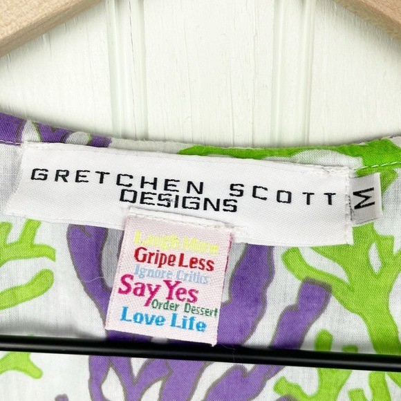 Gretchen Scott Designs Women's Ruffle Neck Dress Medium Purple Green Coral Reef