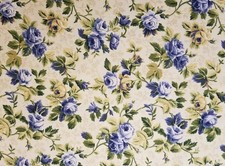 BTY 56"W Blue Yellow Roses Floral Upholstery Weight Cotton Fabric Soil Release 