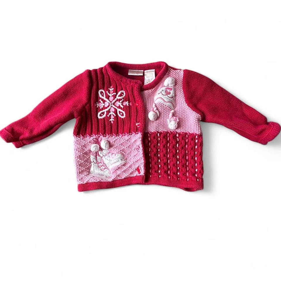 Savannah Baby Girl 12M Pink Red Knit Winter Ice Skates Snowflake Cardigan - Image 2 of 4