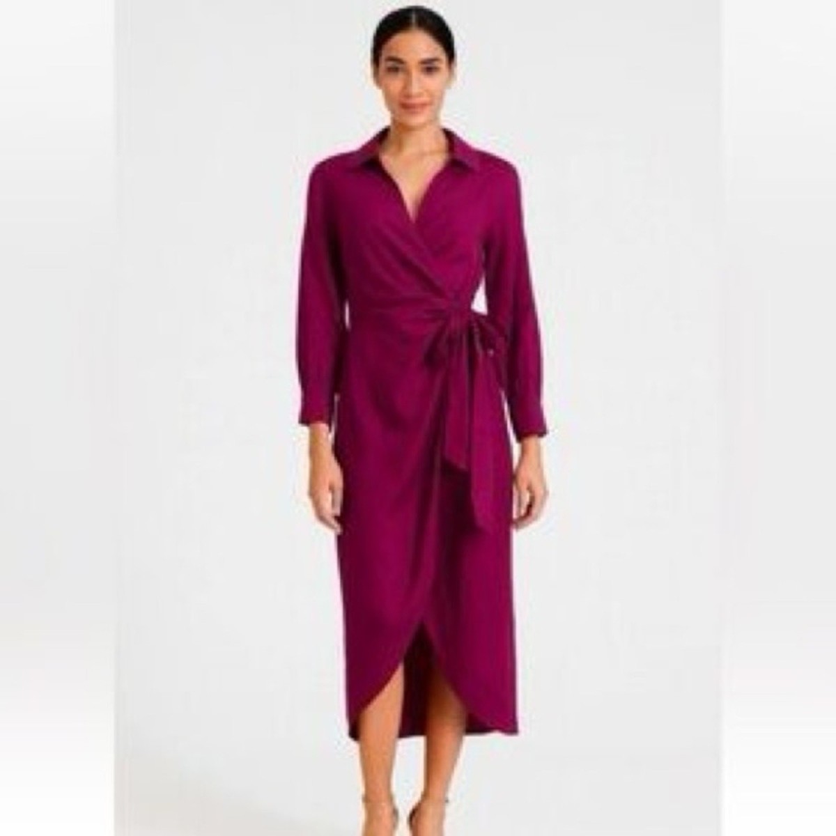 Magaschoni Long Sleeve 100% Linen Wrap Dress in Burgundy Size 6 1069 | eBay