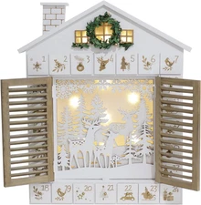 Wooden Christmas Advent Calendar House with Blinds Style Leds Reindeer Forest Xm