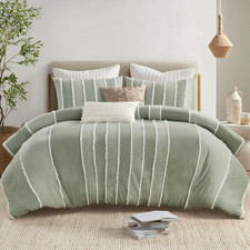 Boho King Duvet Cover Set, Striped Cotton Bedding in Sage, 3 Piece