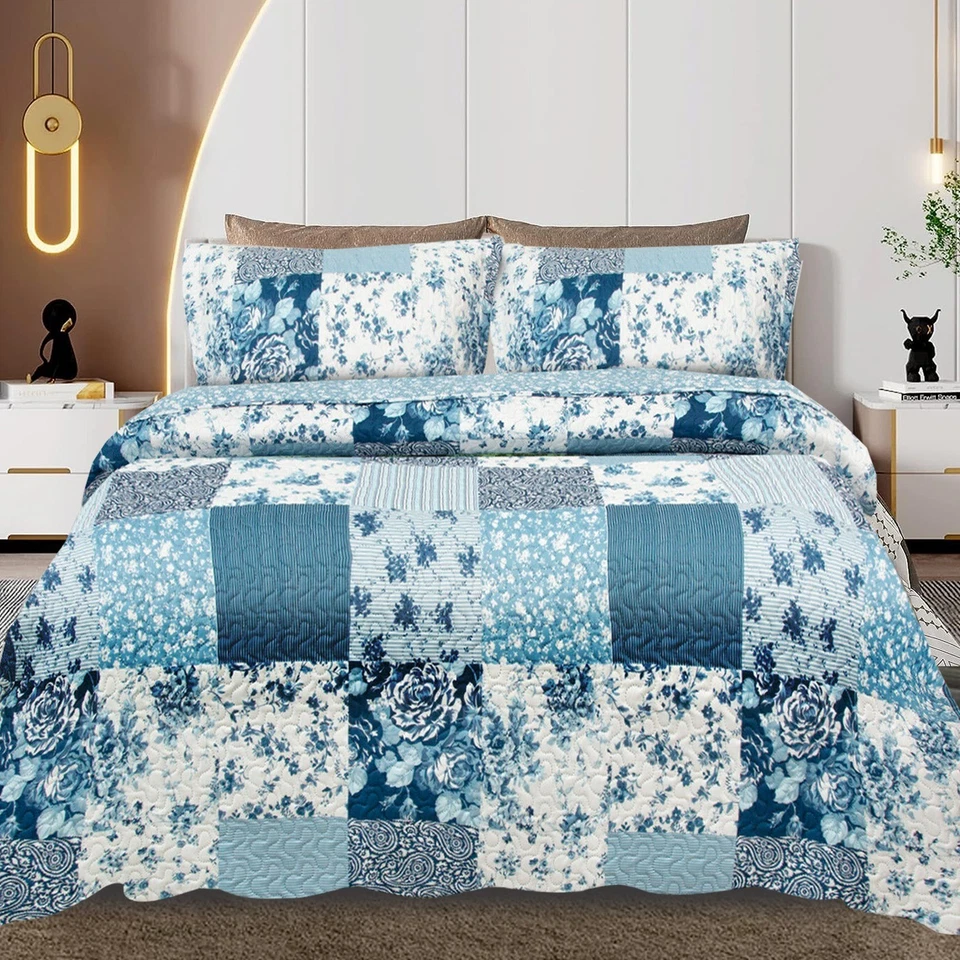 3 PCS Quilted Patchwork Bedspread Bed Throw Bedding Set Single Double King Size - Image 2 of 4