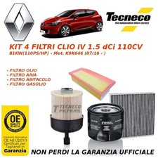 KIT TAGLIANDO 4 FILTRI PER RENAULT CLIO IV 1.5 dCi 110CV dal 07/2016 K9K646