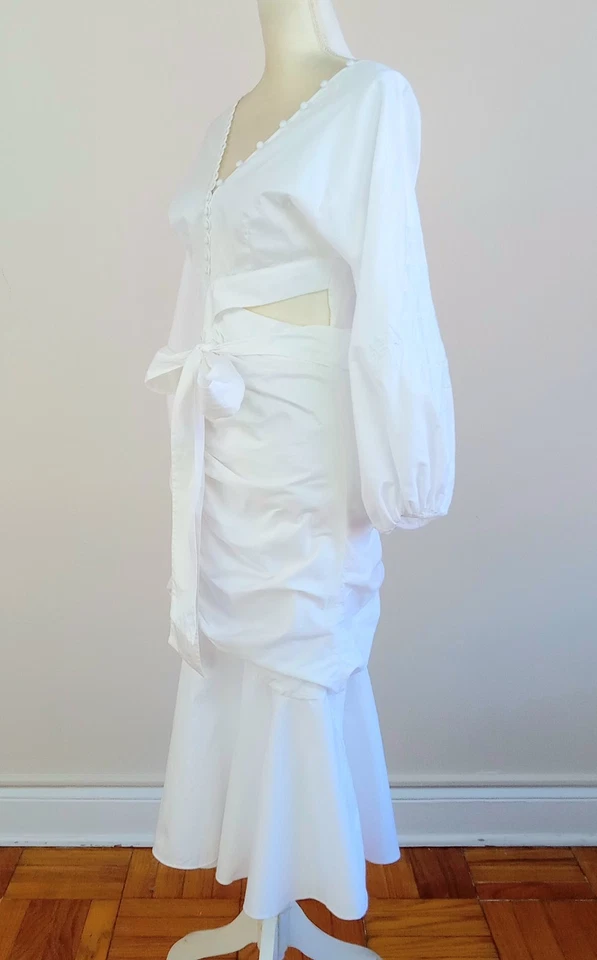 Vestido midi con recorte acanalado MALIKA blanco talla 6 AMUR con mangas abullonadas bordadas Foto 4 de 4