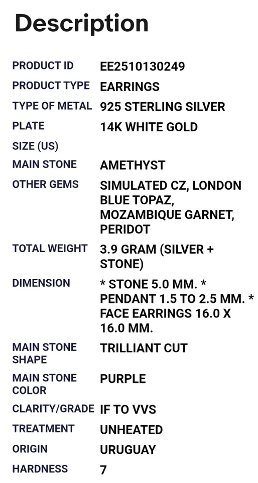 925 Sterling Silber Ohrringe Amethyst Peridot Topas Edelstein Schmuck - Bild 4 von 4