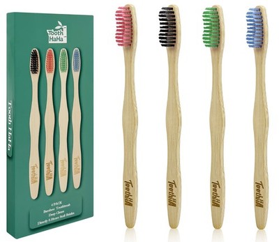 Tooth HaHa Bamboo Toothbrushes, Medium 1 Count (Pack of 4), Green (4-pack)