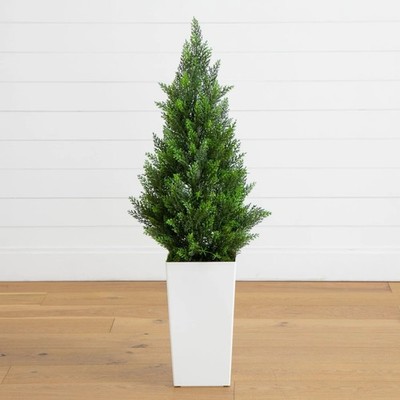 45'' UV Resistant Artificial Cedar Tree in White Tower Planter