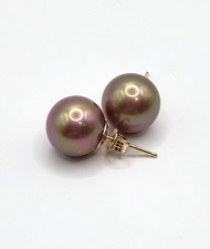 14K Yellow Gold 10mm Round Faux Pearl Stud Earrings w/ Backs - Hallmarked