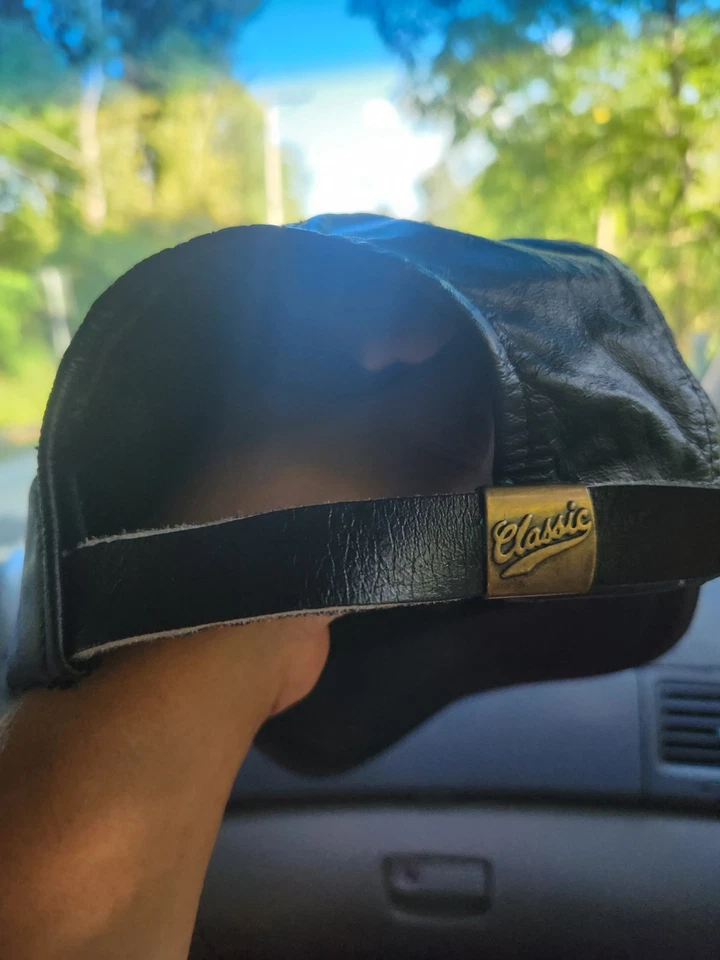 De colección Años 90 Nike Cuero Genuino Correa Sombrero Negro Swoosh Hecho en EE. UU. Clásico Foto 2 de 3