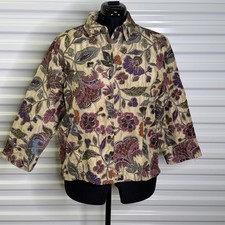 Chicos Floral 100 Silk Embroidered Size 2 Large Button Front Jacket