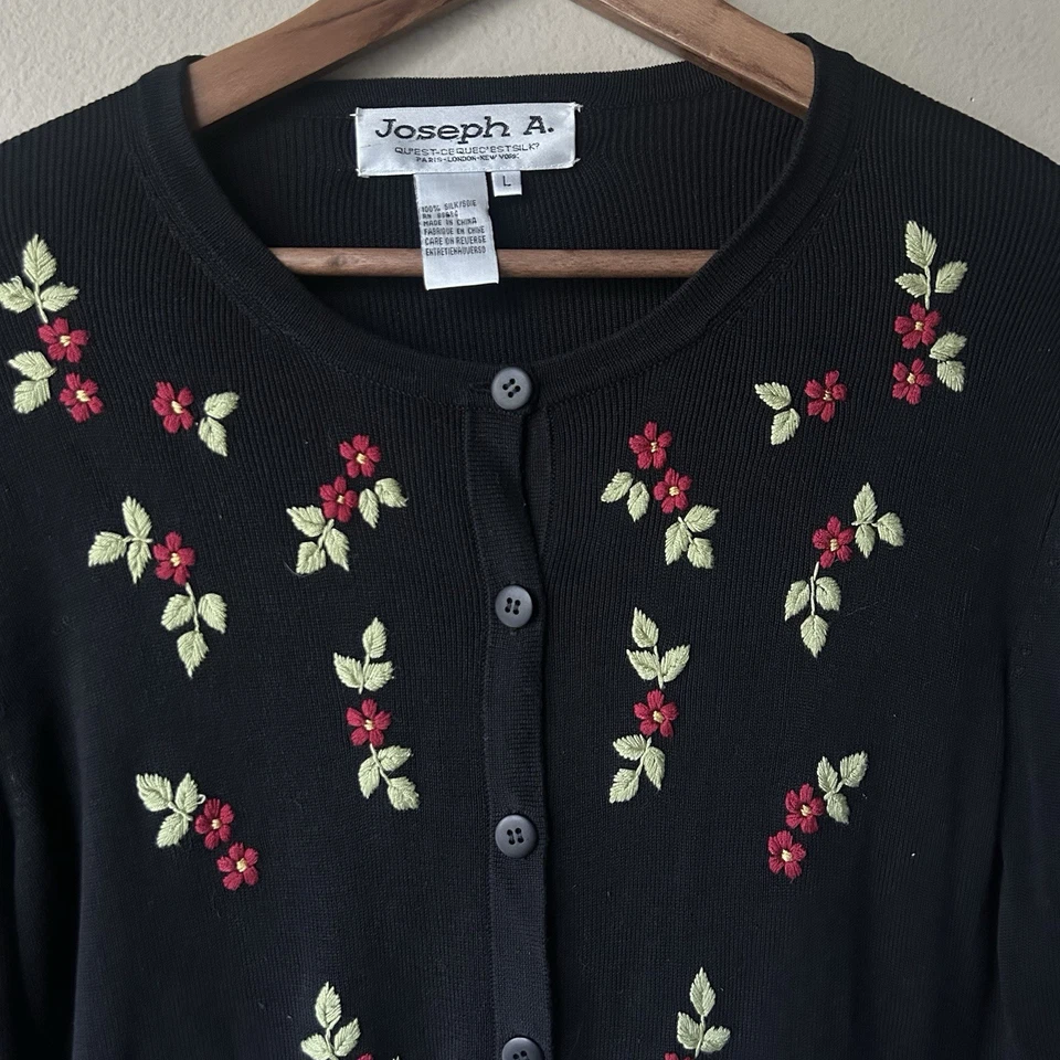 Joseph A. Cárdigan Floral Bordado Seda Negro | 100% Seda | Talla L Foto 3 de 4
