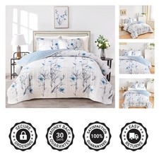 Reversible Blue Flower Branch Quilt Set - 3PC Full/Queen Lightweight Comfort