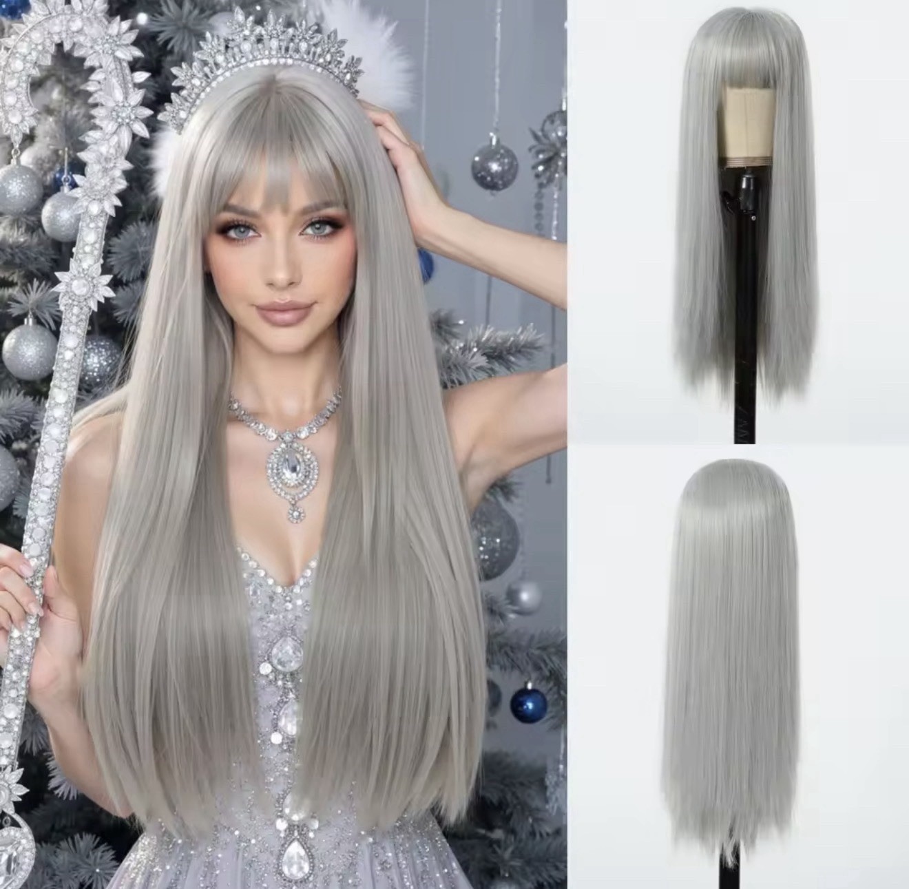 Perruque synthétique grise longue 60cm à frange solution coiffure lisse et sans effort