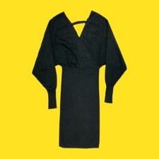 V BY VERY Deep V Neckline Ribbed Crossover Batwing Dress, Black, UK 8