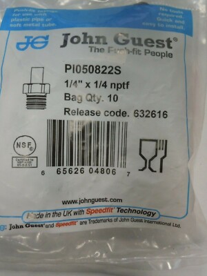 John Guest Acetal Copolymer Stem Adapter Gray 1/4'' NPTF PI050822S - 10 Pack