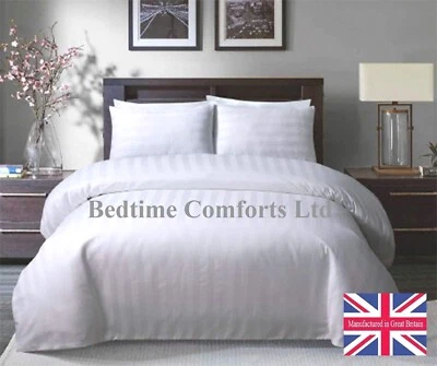BEDTIME COMFORTS LTD 3' SINGLE WHITE (Hotel Quality) SATIN STRIPE DUVET COVER SET 100% Cotton