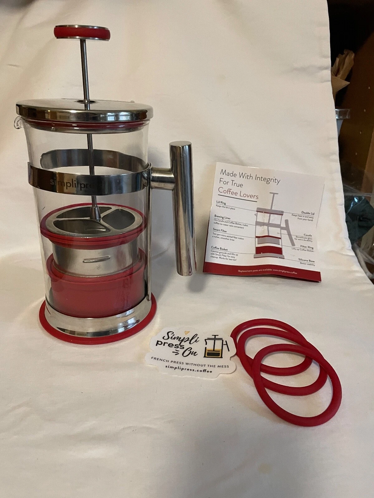 Simpli Press 34-Ounce Stainless Steel and Glass French Press Coffee Maker, Red