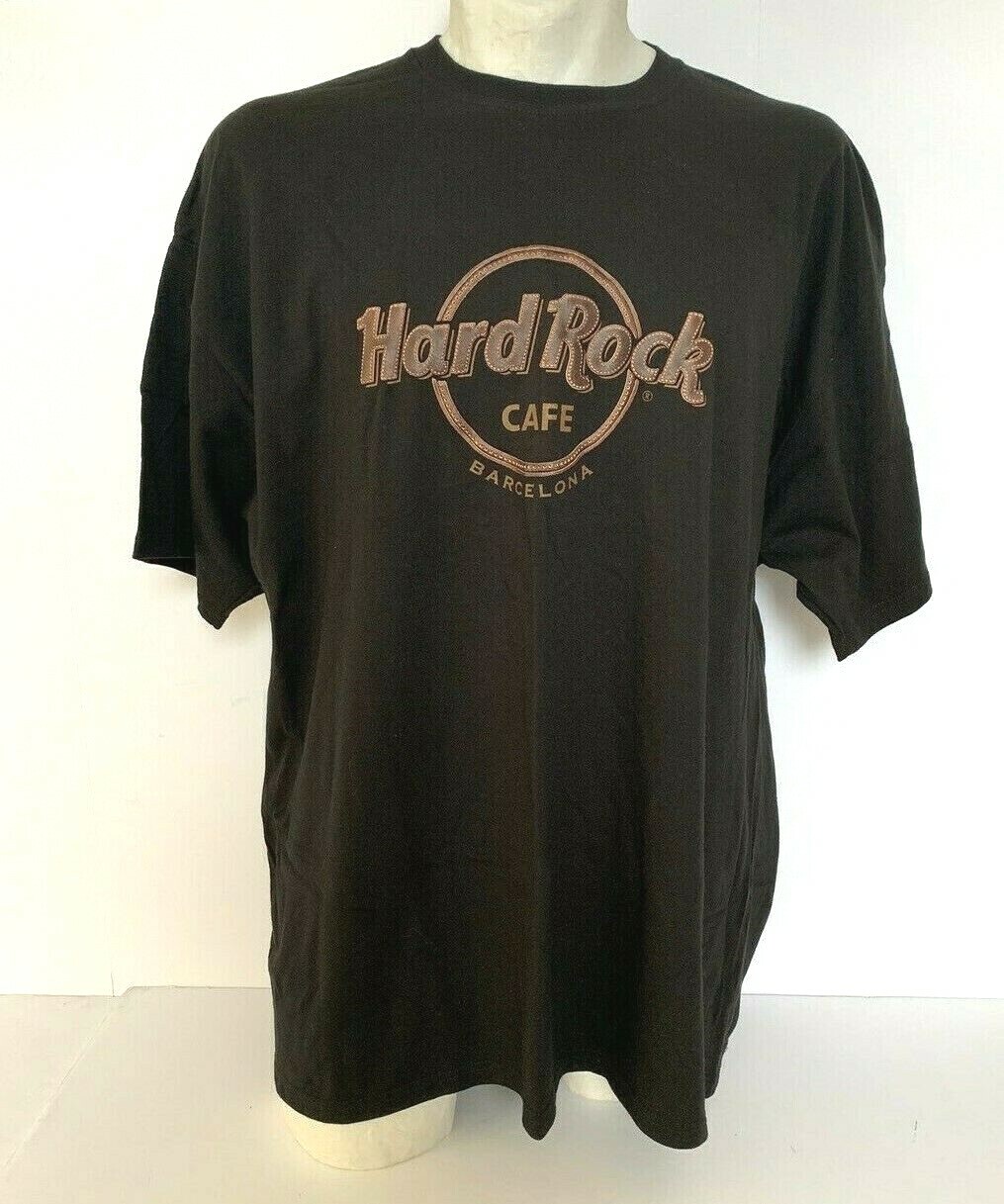 Hard Rock Cafe Barcelona Leather Like Logo T-Shirt Black Short Sleeve Mens XXL
