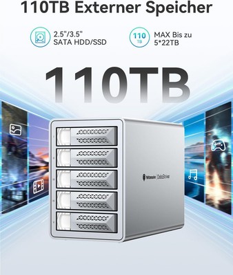 10Gbps 5 Bay Festplattengehäuse Aluminum Externe für 2.5''/3.5'' HDD & SSD Silber