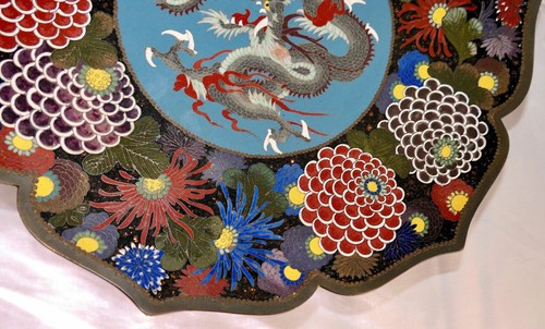 Meiji Japanese Cloisonne Goldstone Enamel Dragon Chrysanthemums Scalloped Plate - Picture 12 of 21