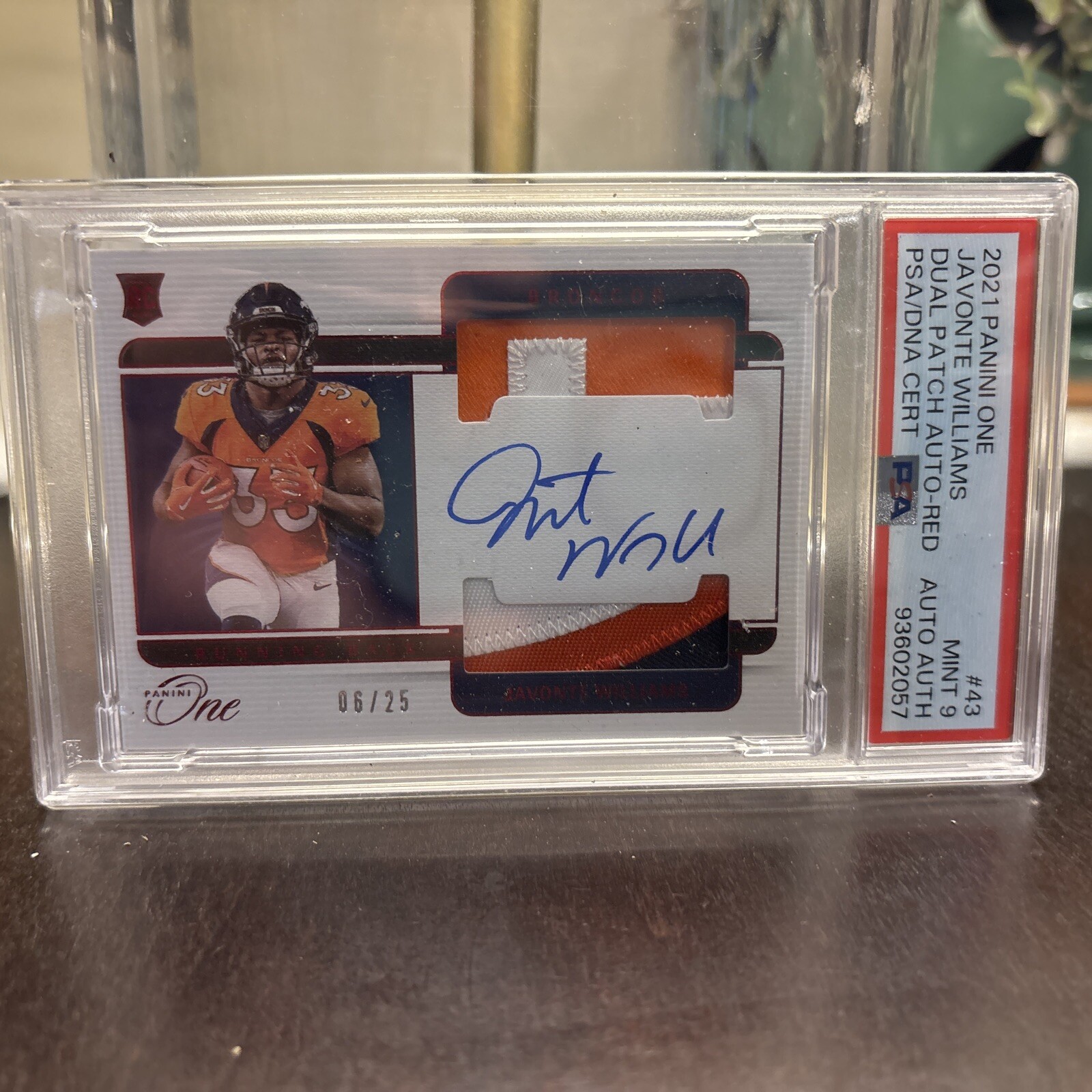 Javonte Williams Panini One Dual Patch Autograph RC 06/25 Gem Mint 9