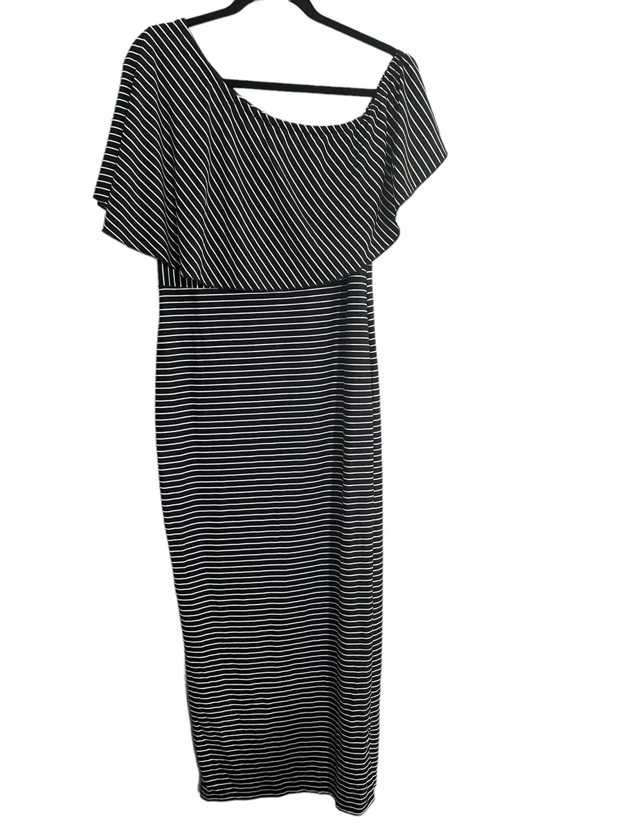 SHEIN Curve Plus Size 1XL Stripe Short Sleeve Ruffle Maxi Dress Black White  #604