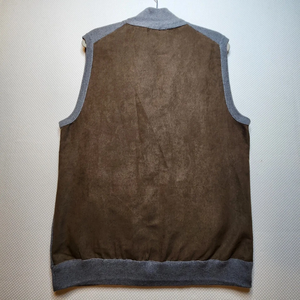 Tasso Elba Men Vest Medium Grey Brown Knit Front Faux Suede Back Pockets Zip - Image 2 of 4