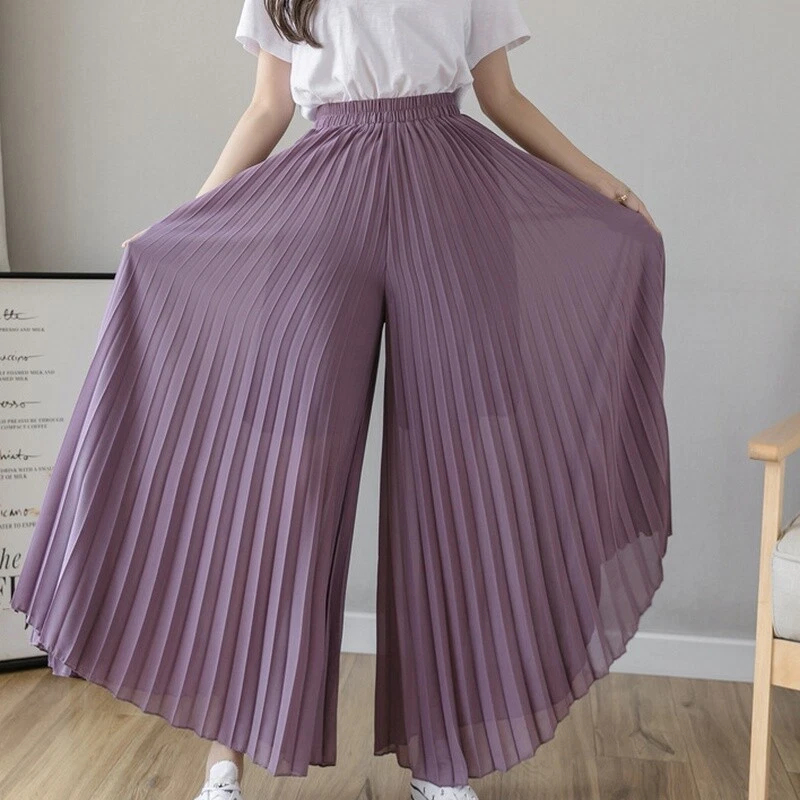 Ladies Chiffon Pleated Culottes Wide Leg Cropped Pants Elastic Waist Trousers - Image 2 of 4