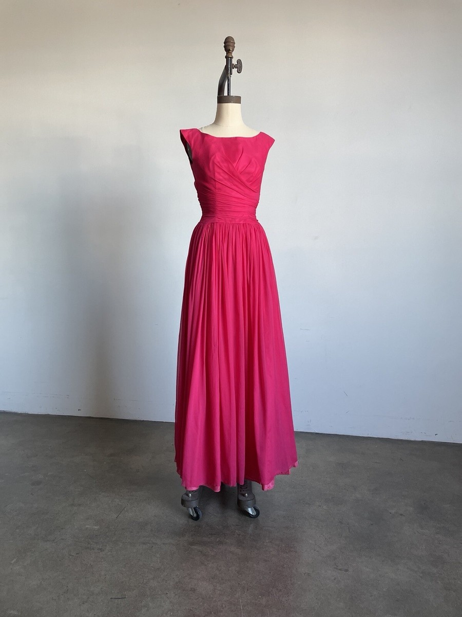 1950s pink chiffon dress 1950's Coral Pink Chiffon Dress With Matching Sheer Coat  Embroidered  Flowers  50s Sheer Coat