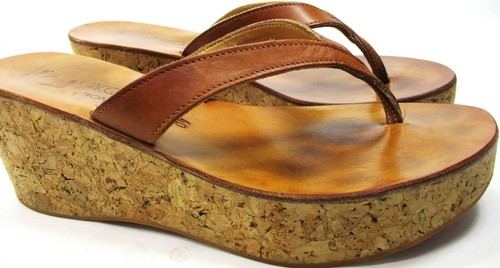 K Jacques Women Clog Sandles Cork Mid-Sole Thongs 2.75 Inch High Brown Size 9.5 - Picture 4 of 8