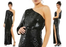 Mac Duggal Black Sequin One-Shoulder Long Sleeve Column Gown Size 2 $498