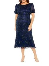 Mac Duggal Midnight Embellished Tulle Puff-Sleeve Midi-Dress Blue Size 18w $598