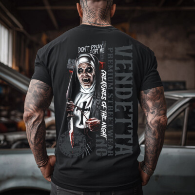 Vendetta Inc. Pray for Me Shirt Herren Schwarz S-5XL Rückendruck Nonne TShirt