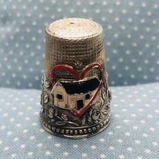 Vtg Portugal Embossed Silver Plated Thimble w/ Home is Where the Heart Is