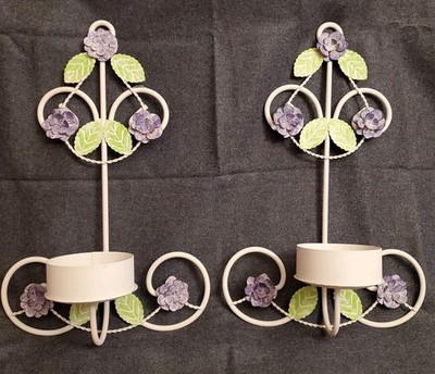 Vintage Metal Floral Leaves Wall Candle Sconces Pair Set Shabby Cottage Painted