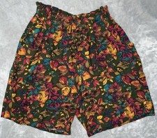 Vintage 90s Gitano Womens L Floral Rayon Shorts Ruffled Elastic Waist Pockets