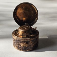 Antique Victorian Travel Inkwell Set Leather Bound Case Brass Travelling Ink Set