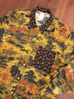Vintage Melrose Equestrian Horse Shirt Womens 14 L/XL Button Up Rayon 70s 60s