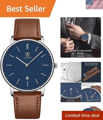 Elegant Wrist Watch with Black Dial & Brown Leather Strap, 50m Water-Resistant