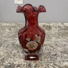 Vintage Fenton Hand Painted Cased Cranberry Square Glass Vase Signed